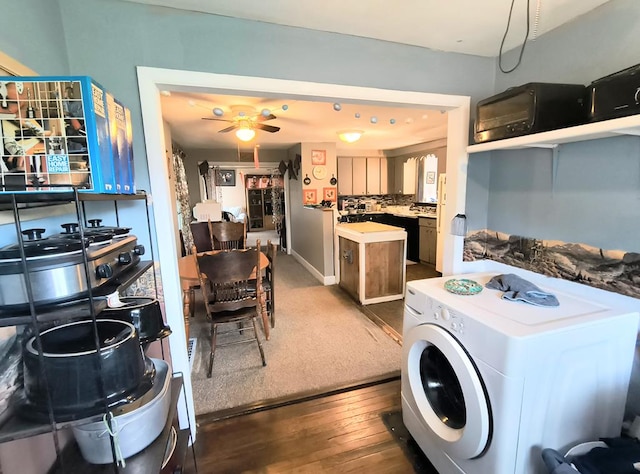 2756 Austinville Rd, Troy, PA 16947 - kitchen featuring washer / dryer, a ceiling fan, light countertops, and dark wood-type flooring