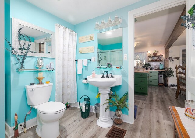 1503 Stewart Rd, Addison, NY 14801 - bathroom featuring wood finished floors, a shower with shower curtain, toilet, a ceiling fan, and a sink