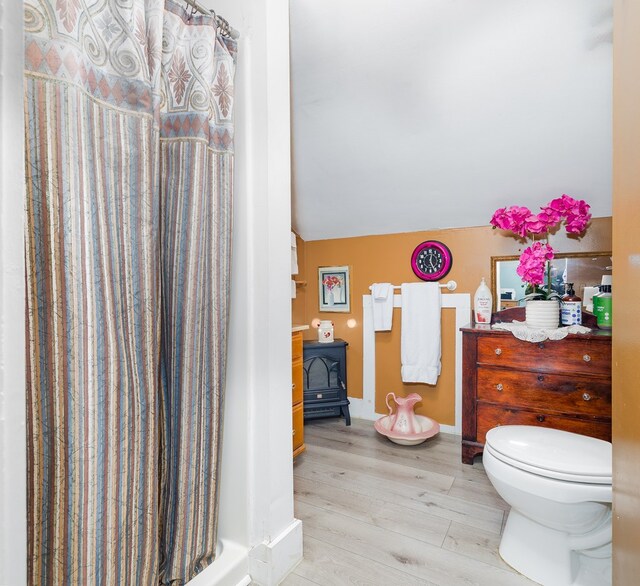 1503 Stewart Rd, Addison, NY 14801 - full bath with wood finished floors, toilet, lofted ceiling, and a shower with curtain