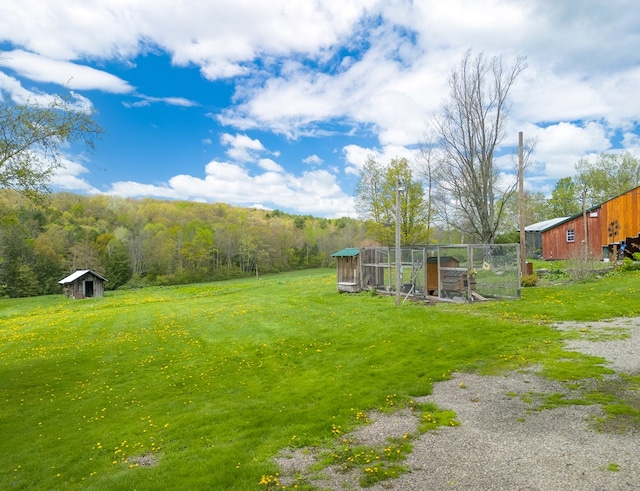 1503 Stewart Rd, Addison, NY 14801 - view of grassy yard featuring an outdoor structure, exterior structure, and a wooded view