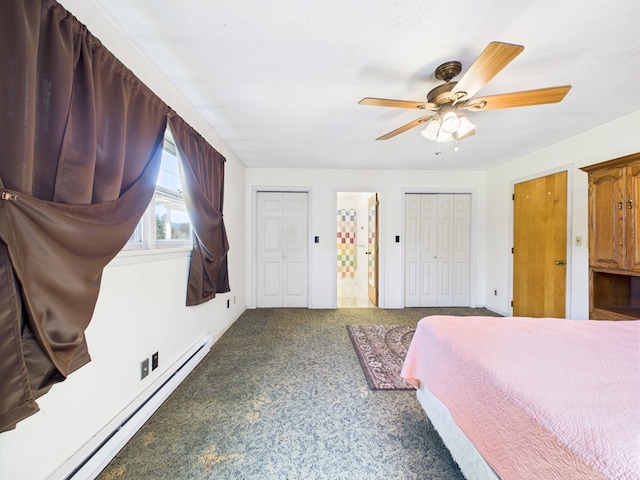 1041 Rte 44, Shinglehouse, PA 16748 - bedroom with a baseboard radiator, two closets, carpet floors, and ceiling fan