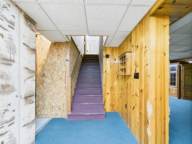 1041 Rte 44, Shinglehouse, PA 16748 - stairs with a paneled ceiling, carpet floors, and wooden walls
