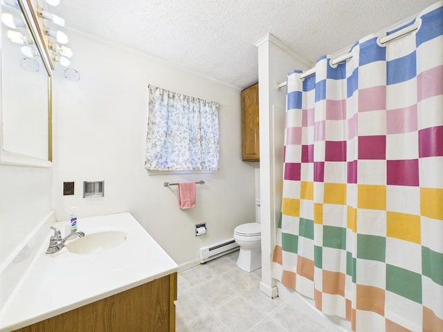 1041 Rte 44, Shinglehouse, PA 16748 - full bath featuring baseboard heating, vanity, a textured ceiling, tile patterned flooring, and a shower with shower curtain