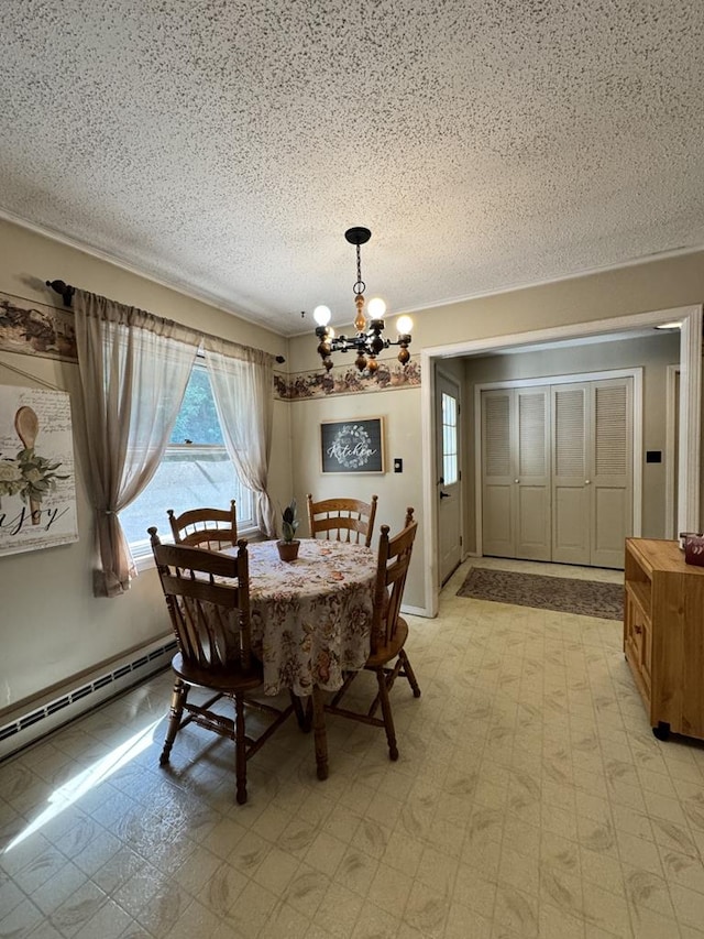 1041 Rte 44, Shinglehouse, PA 16748 - dining room featuring a chandelier, a textured ceiling, light flooring, and a baseboard radiator