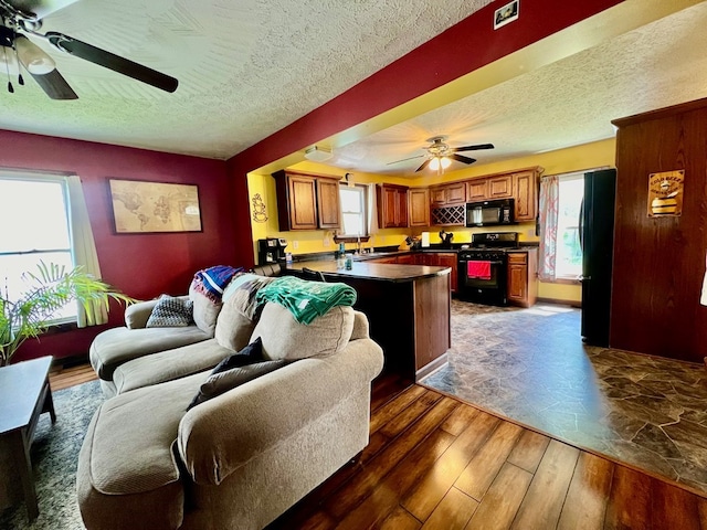 living room featuring a textured ceiling, a healthy amount of sunlight, sink, and dark wood-type flooring