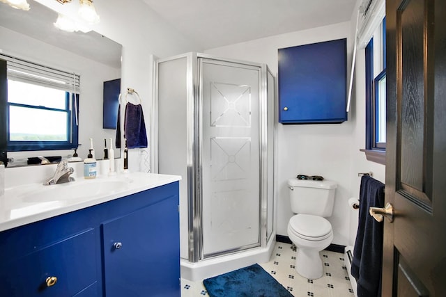 667 Ostrom Hill Rd, Liberty, PA 16930 - bathroom with vanity, a shower stall, toilet, and tile patterned floors