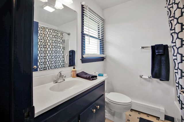 667 Ostrom Hill Rd, Liberty, PA 16930 - full bath featuring a baseboard heating unit, vanity, toilet, and a shower with shower curtain
