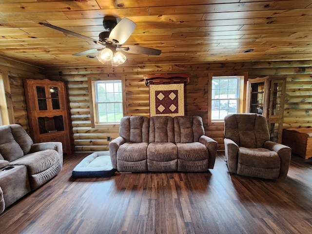 living room with dark hardwood / wood-style floors, ceiling fan, wooden ceiling, and rustic walls