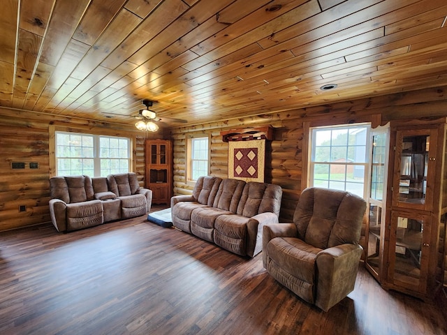 living room featuring a wealth of natural light, dark wood-type flooring, log walls, and wooden ceiling