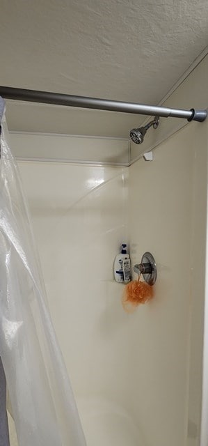 details featuring a textured ceiling and walk in shower