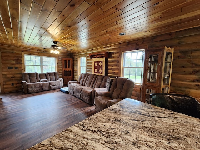 living room with wood ceiling, a wealth of natural light, log walls, and dark wood-type flooring