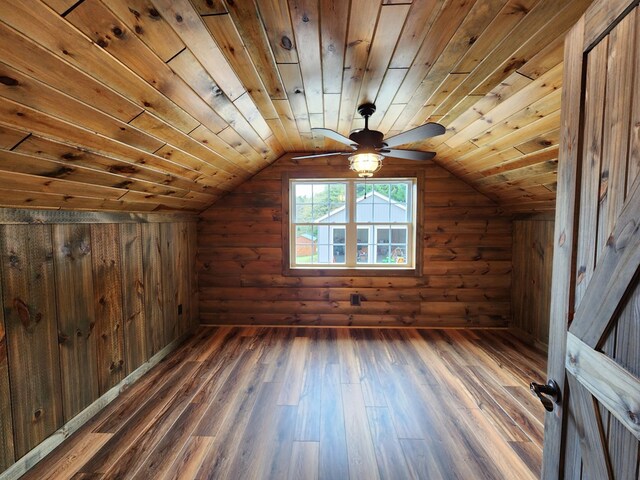 additional living space featuring ceiling fan, dark wood-type flooring, log walls, wooden ceiling, and lofted ceiling