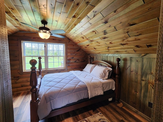 bedroom featuring wood-type flooring, wood ceiling, and rustic walls