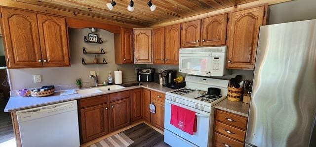 kitchen with dark hardwood / wood-style flooring, wood ceiling, white appliances, and sink