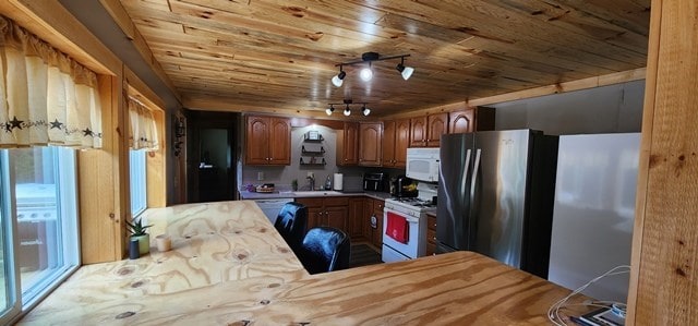 kitchen featuring kitchen peninsula, sink, wood ceiling, and white appliances