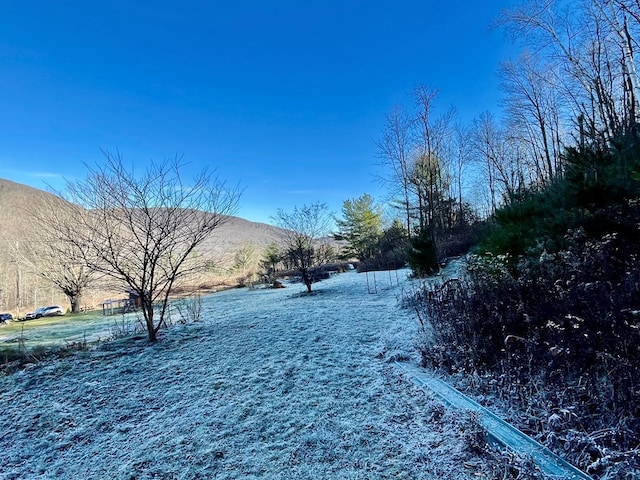 snowy yard with a mountain view