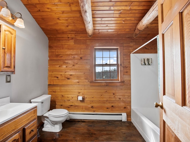 full bath with hardwood / wood-style floors, toilet, wood ceiling, and a baseboard radiator