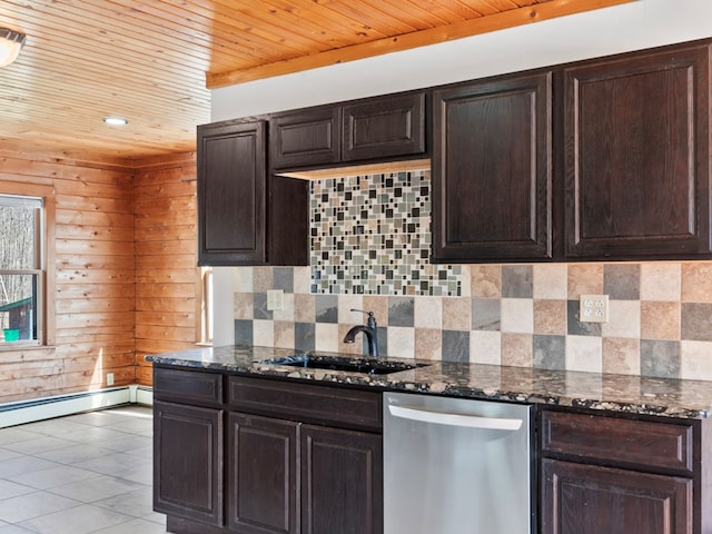 kitchen featuring a sink, backsplash, stainless steel dishwasher, and dark brown cabinets