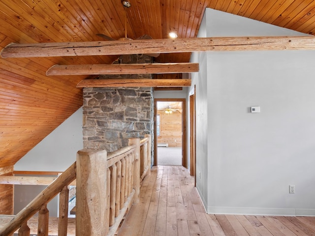 hall featuring lofted ceiling with beams, baseboards, and light wood finished floors