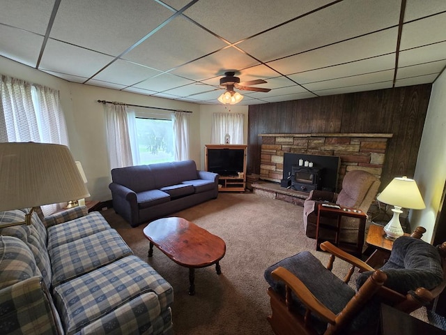 258 Pleasant Stream Rd, Trout Run, PA 17701 - living room with a drop ceiling, plenty of natural light, wood walls, carpet, and a ceiling fan