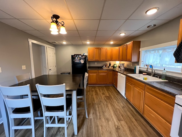 kitchen with a paneled ceiling, dishwasher, sink, hardwood / wood-style flooring, and black fridge