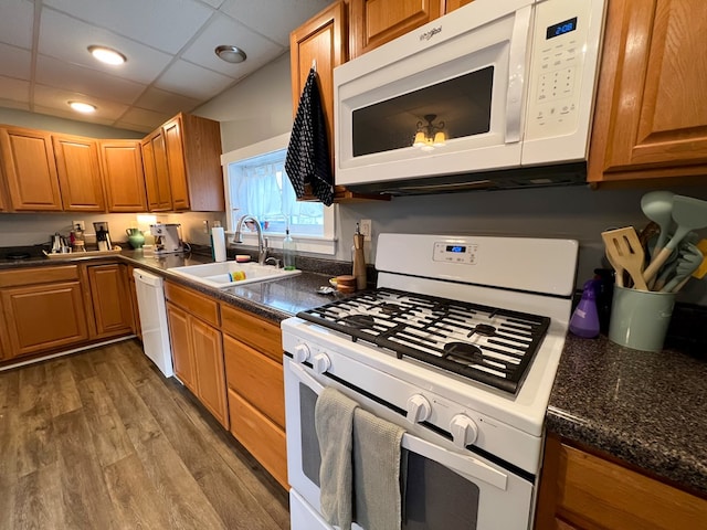 kitchen featuring dark hardwood / wood-style flooring, sink, white appliances, and a paneled ceiling