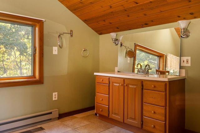 bathroom with vanity, a baseboard heating unit, vaulted ceiling, tile patterned flooring, and wood ceiling