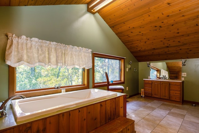 bathroom with vanity, wooden ceiling, tile patterned flooring, vaulted ceiling with beams, and a tub