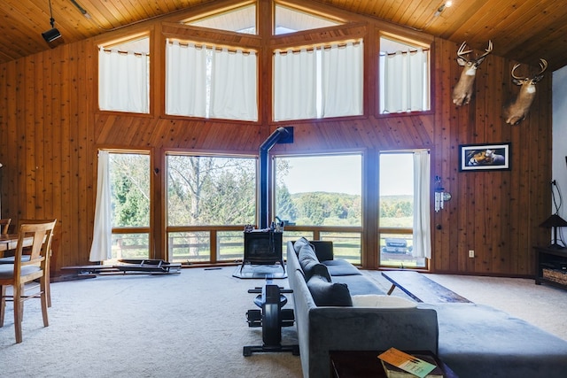 interior space featuring a healthy amount of sunlight, wood ceiling, and carpet floors