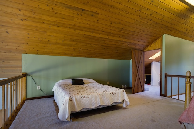 bedroom with light colored carpet, vaulted ceiling, wood walls, and wood ceiling