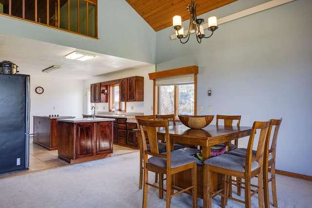 carpeted dining room with sink, wood ceiling, lofted ceiling, and an inviting chandelier