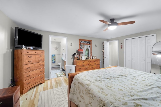 4060 Wilawana Rd, Sayre, PA 18840 - bedroom featuring light wood-style flooring, a closet, ceiling fan, and ensuite bath