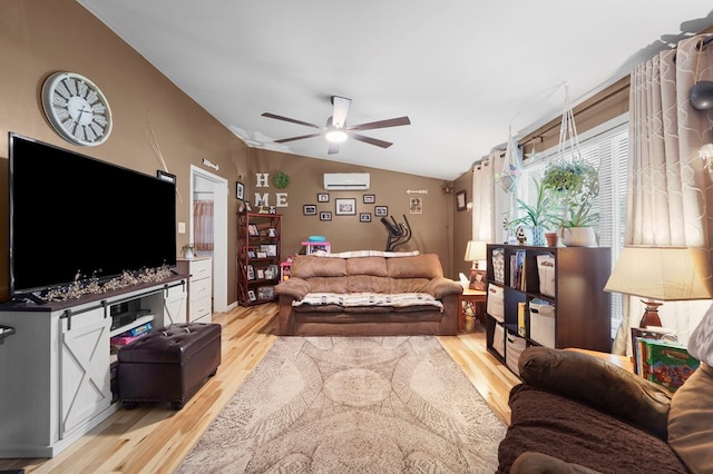 4060 Wilawana Rd, Sayre, PA 18840 - living room featuring a wall mounted AC, light wood finished floors, a ceiling fan, and lofted ceiling