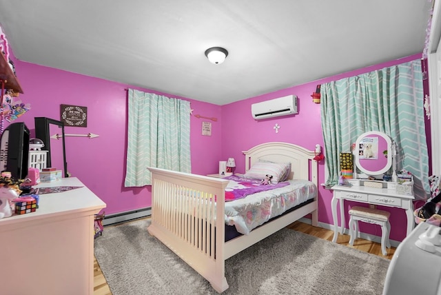 4060 Wilawana Rd, Sayre, PA 18840 - bedroom featuring a wall mounted air conditioner, baseboard heating, and wood finished floors