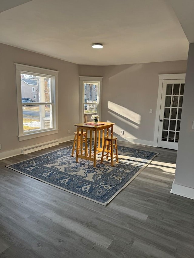 dining room with a baseboard radiator, baseboards, and wood finished floors