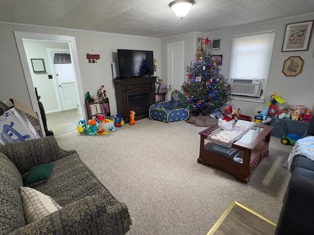 carpeted living room with cooling unit