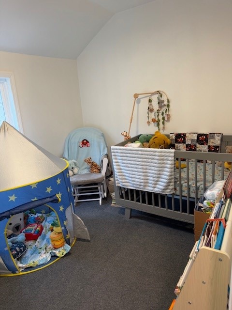 carpeted bedroom with vaulted ceiling and a nursery area