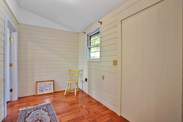 157 Shelmire Rd, Wellsboro, PA 16901 - sitting room with hardwood / wood-style floors, wood walls, and vaulted ceiling