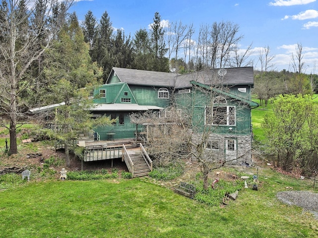 157 Shelmire Rd, Wellsboro, PA 16901 - rear view of property with a lawn, stairs, a shingled roof, and a deck