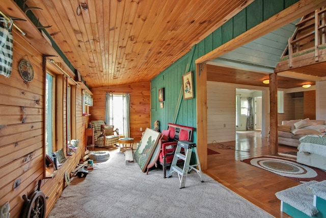 157 Shelmire Rd, Wellsboro, PA 16901 - interior space featuring wooden ceiling, lofted ceiling, wood finished floors, and wood walls