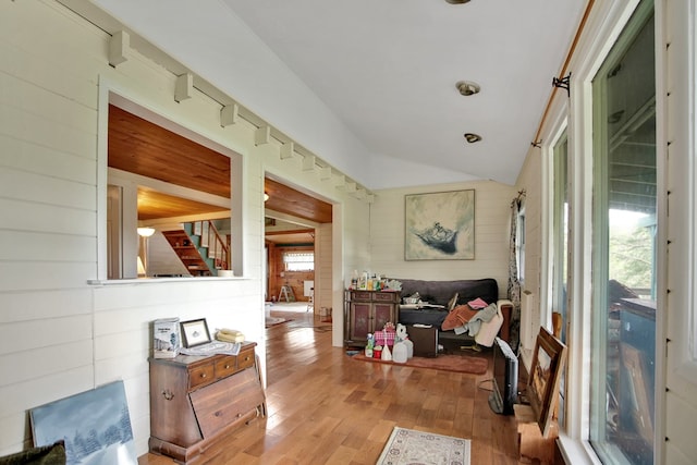 157 Shelmire Rd, Wellsboro, PA 16901 - sitting room with stairway, lofted ceiling, and hardwood / wood-style floors