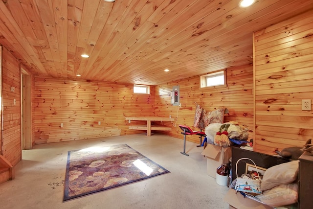 157 Shelmire Rd, Wellsboro, PA 16901 - unfurnished room featuring concrete floors, wood walls, recessed lighting, and wooden ceiling