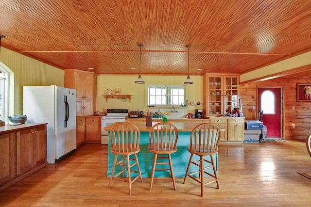 157 Shelmire Rd, Wellsboro, PA 16901 - kitchen featuring white appliances, wood walls, light wood-style flooring, and wood ceiling
