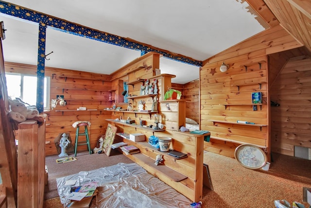 157 Shelmire Rd, Wellsboro, PA 16901 - interior space featuring vaulted ceiling, wooden walls, and carpet floors
