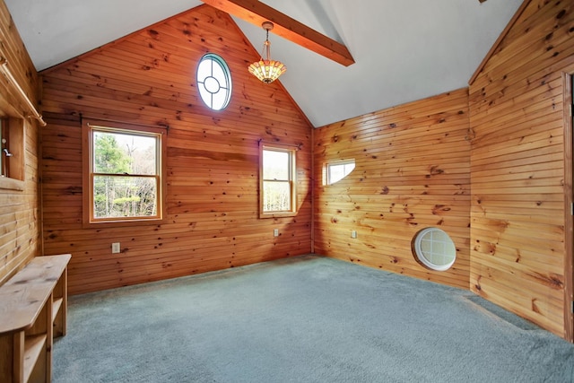 157 Shelmire Rd, Wellsboro, PA 16901 - carpeted empty room featuring lofted ceiling and wooden walls
