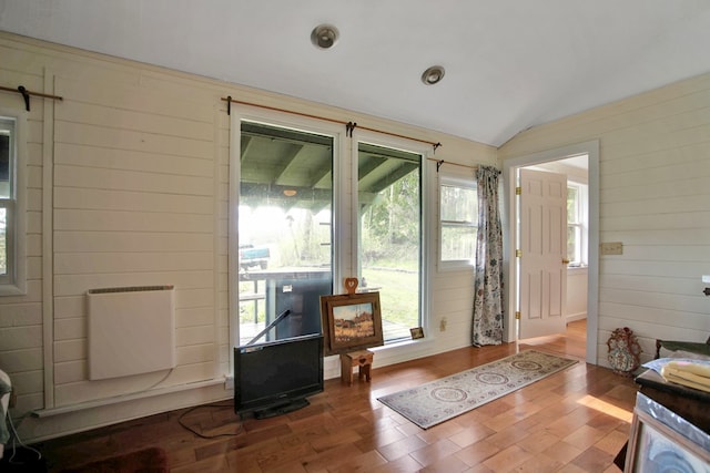 157 Shelmire Rd, Wellsboro, PA 16901 - doorway to outside featuring vaulted ceiling, wood finished floors, and wooden walls