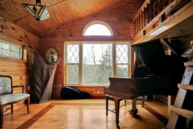 157 Shelmire Rd, Wellsboro, PA 16901 - sitting room featuring lofted ceiling, hardwood / wood-style floors, wood walls, and wood ceiling