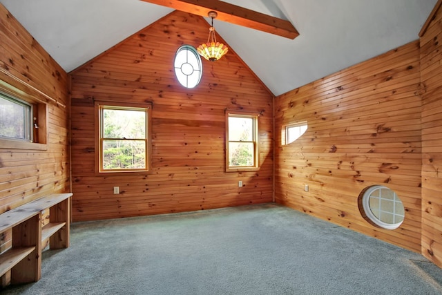 157 Shelmire Rd, Wellsboro, PA 16901 - empty room featuring vaulted ceiling, wood walls, and carpet floors