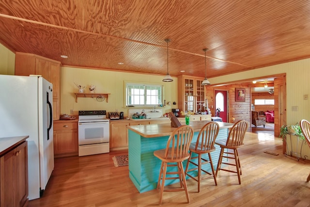 157 Shelmire Rd, Wellsboro, PA 16901 - kitchen featuring white appliances, a breakfast bar area, wooden walls, wood ceiling, and light wood-style floors