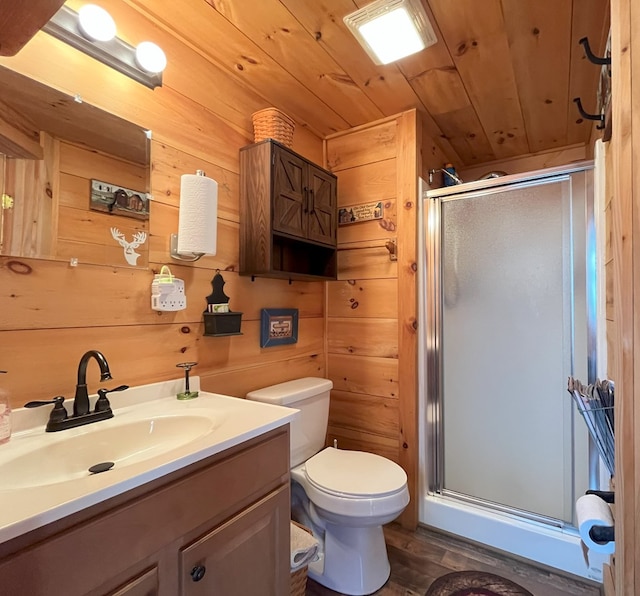 bathroom with vanity, wooden ceiling, wooden walls, and a stall shower